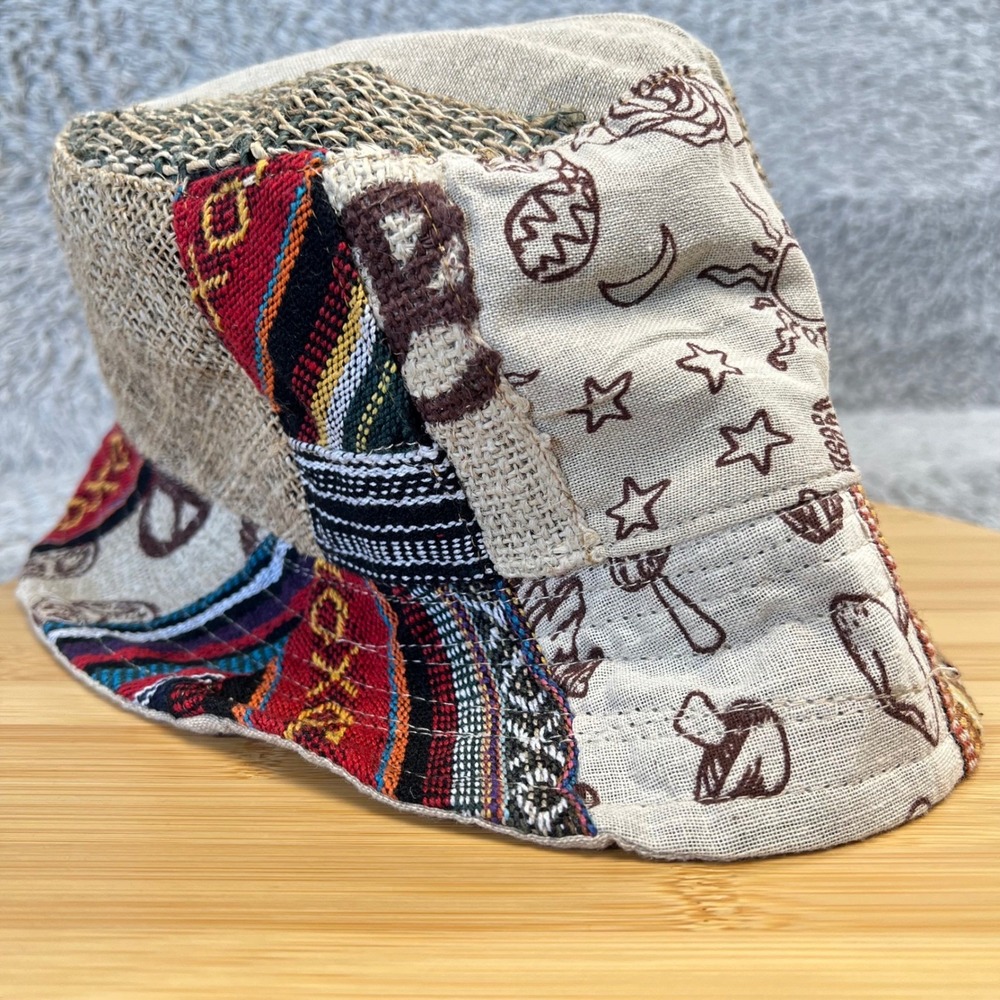 Kathmandu Imports Patchwork Bucket Hat Boho Hippie Celestial Mushroom Peace Sign - Picture 10 of 13